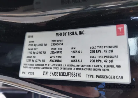 2018 Tesla Model 3 Long Range/Performance from USA, damaged, VIN 5YJ3E1EBXJF068470